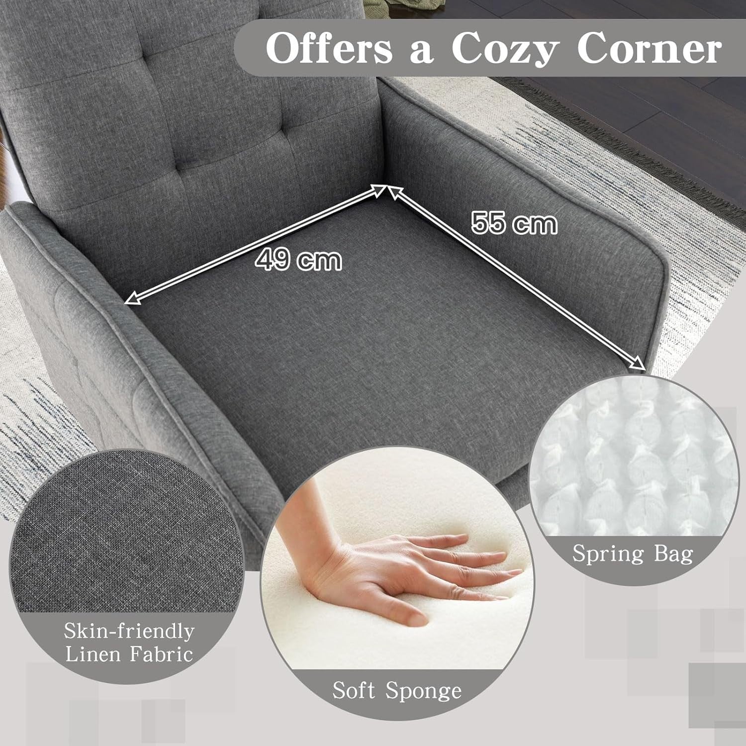 Comfy Grey Linen Accent Chair, Modern Tufted Sofa Chair with Metal Legs