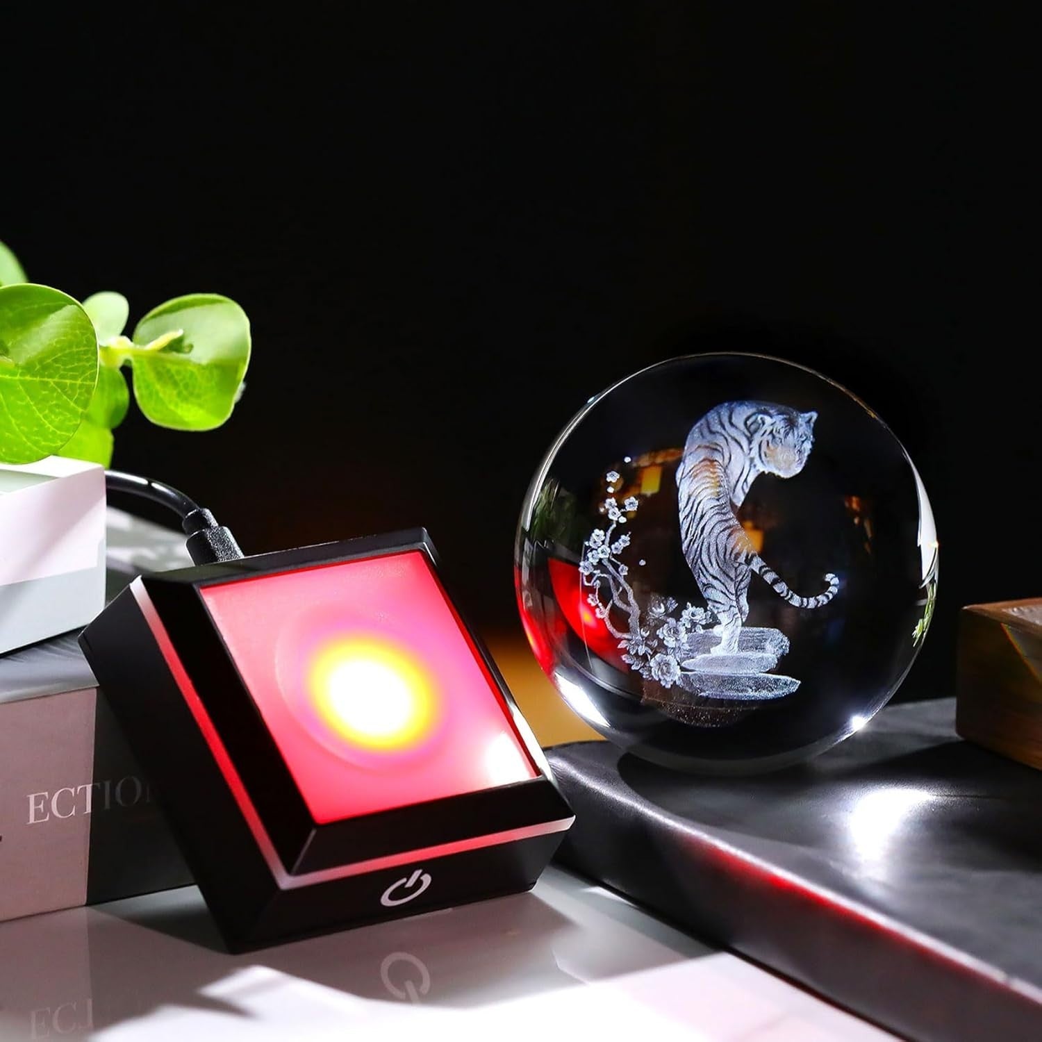 8cm 3D Crystal Tiger Globe LED Light Base Animal Ornament Gift Home Decor