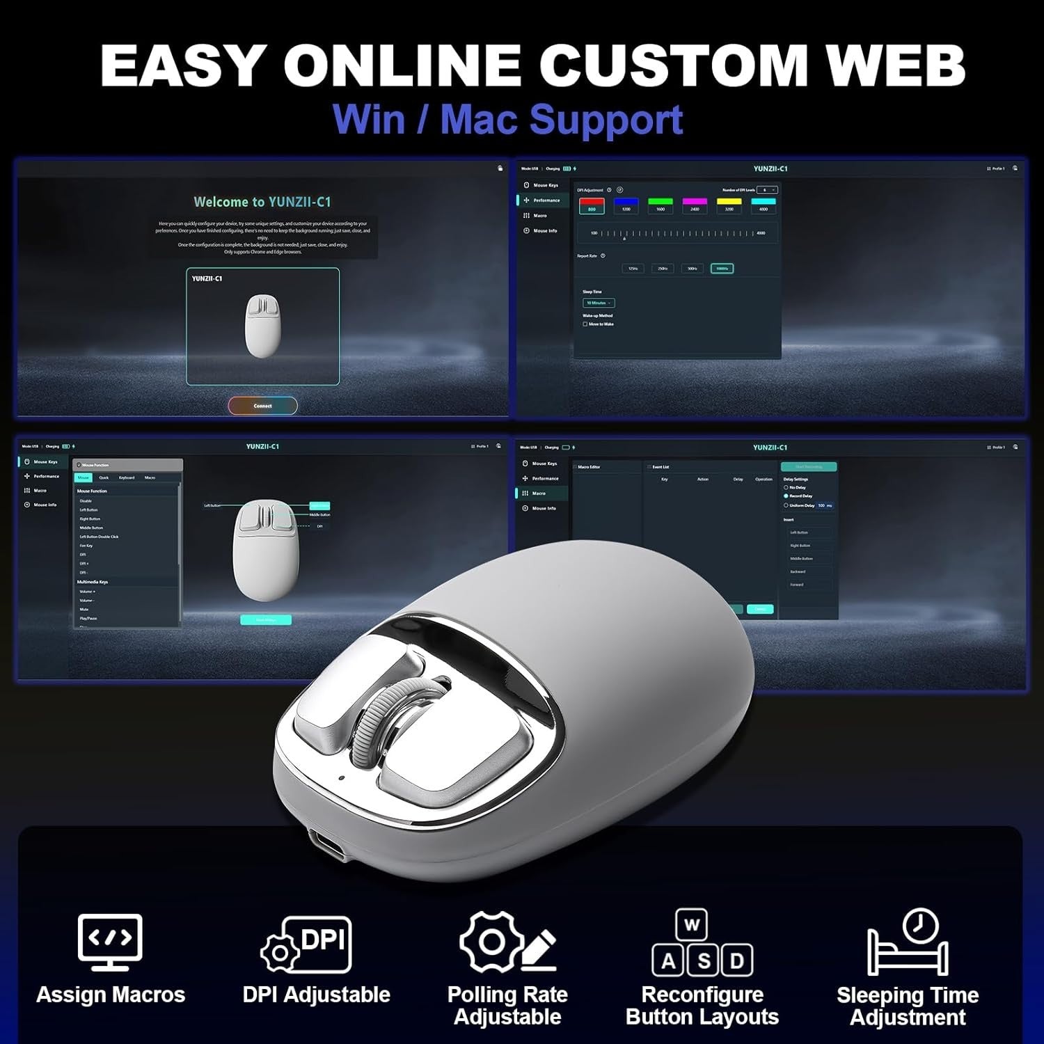 Tri-Mode Wireless Mouse 4800 DPI Bluetooth 2.4G USB-C Rechargeable