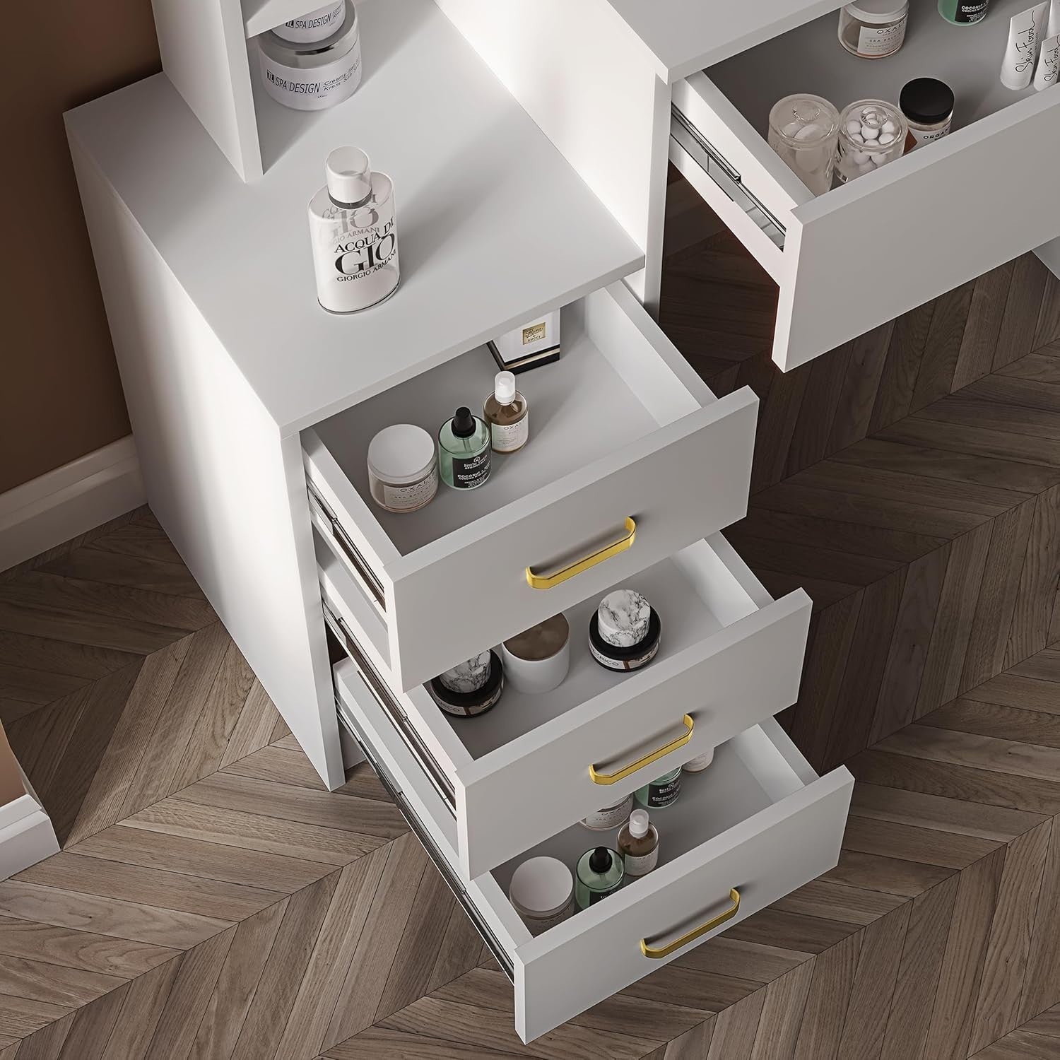 White Dressing Table Set w/LED Mirror Lights 3 Drawers Open Storage Modern
