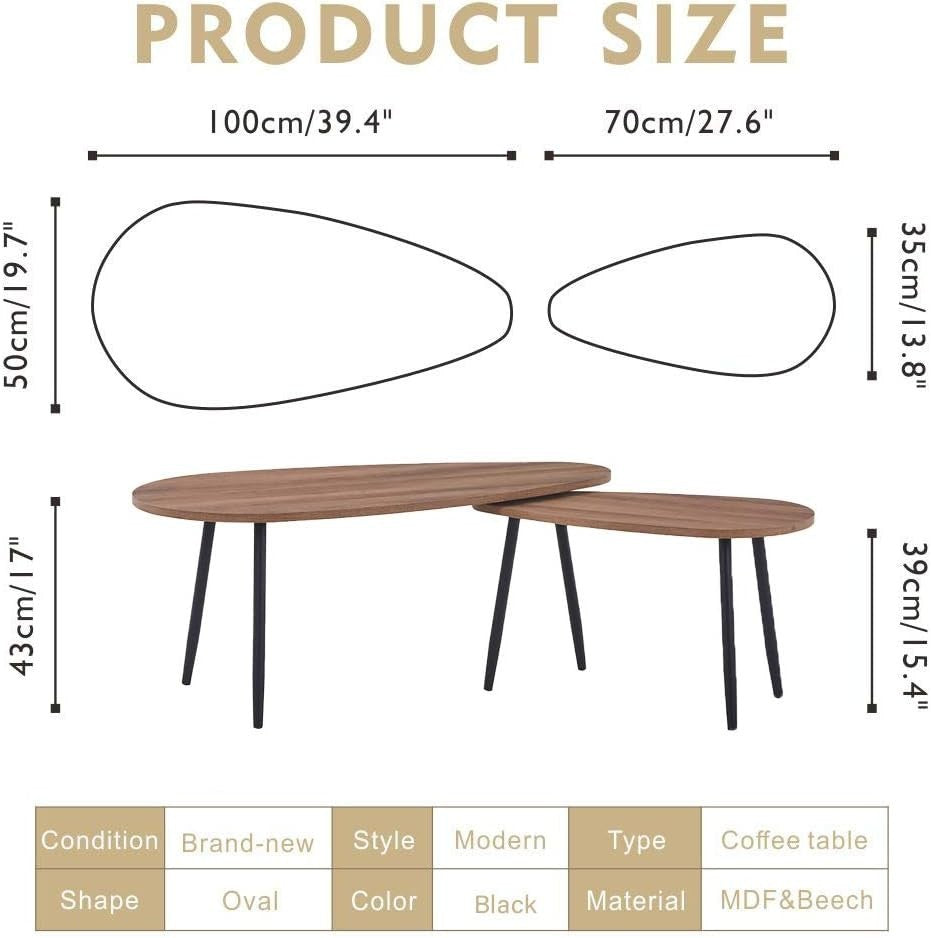 Walnut Triangle Coffee Table Set 2-Piece Modern Composite Top Metal Legs