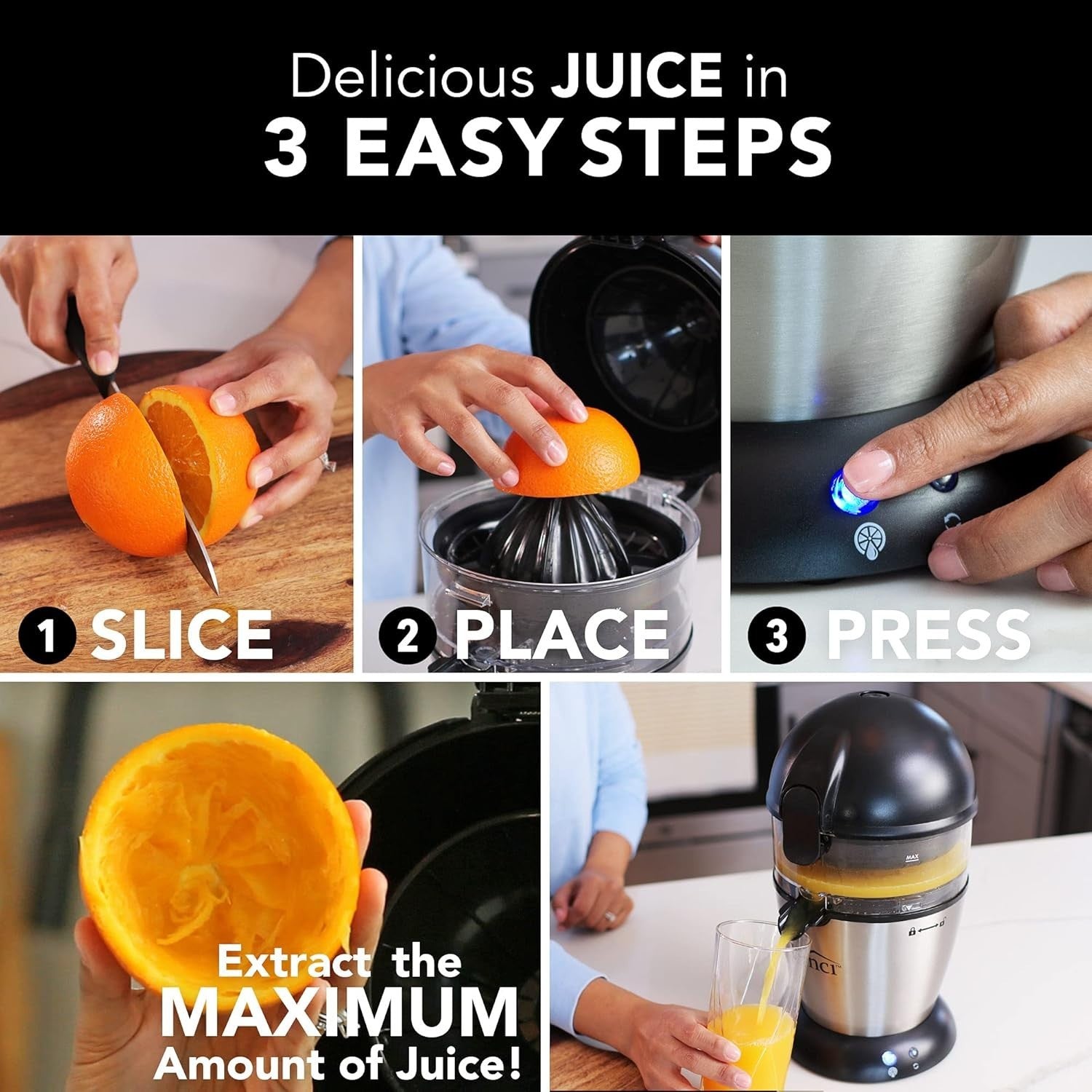 Hands Free Electric Citrus Juicer One Button Press Pulp Control Easy Clean