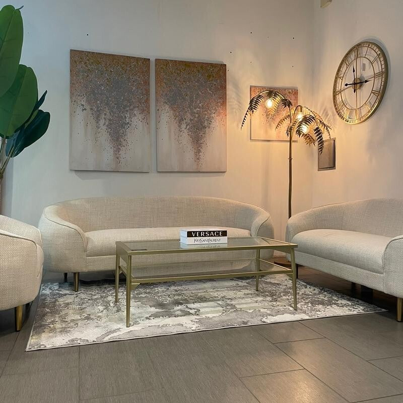 3+2+1 Oatmeal Fabric Sofa Set Gold Legs Curved Armchairs Living Room