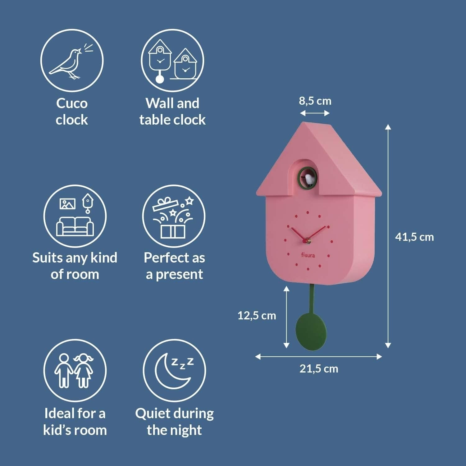 Pink Cuckoo Wall Clock Silent Bird Sound Modern Decor for Kids Room Gift