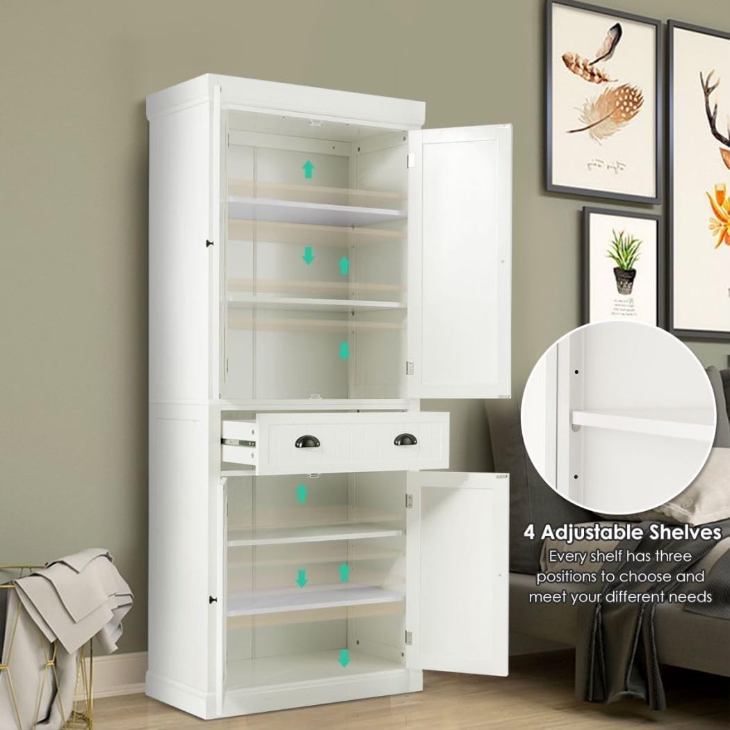 White Tall Kitchen Cupboard 4-Door Pantry Cabinet Drawer 183cm