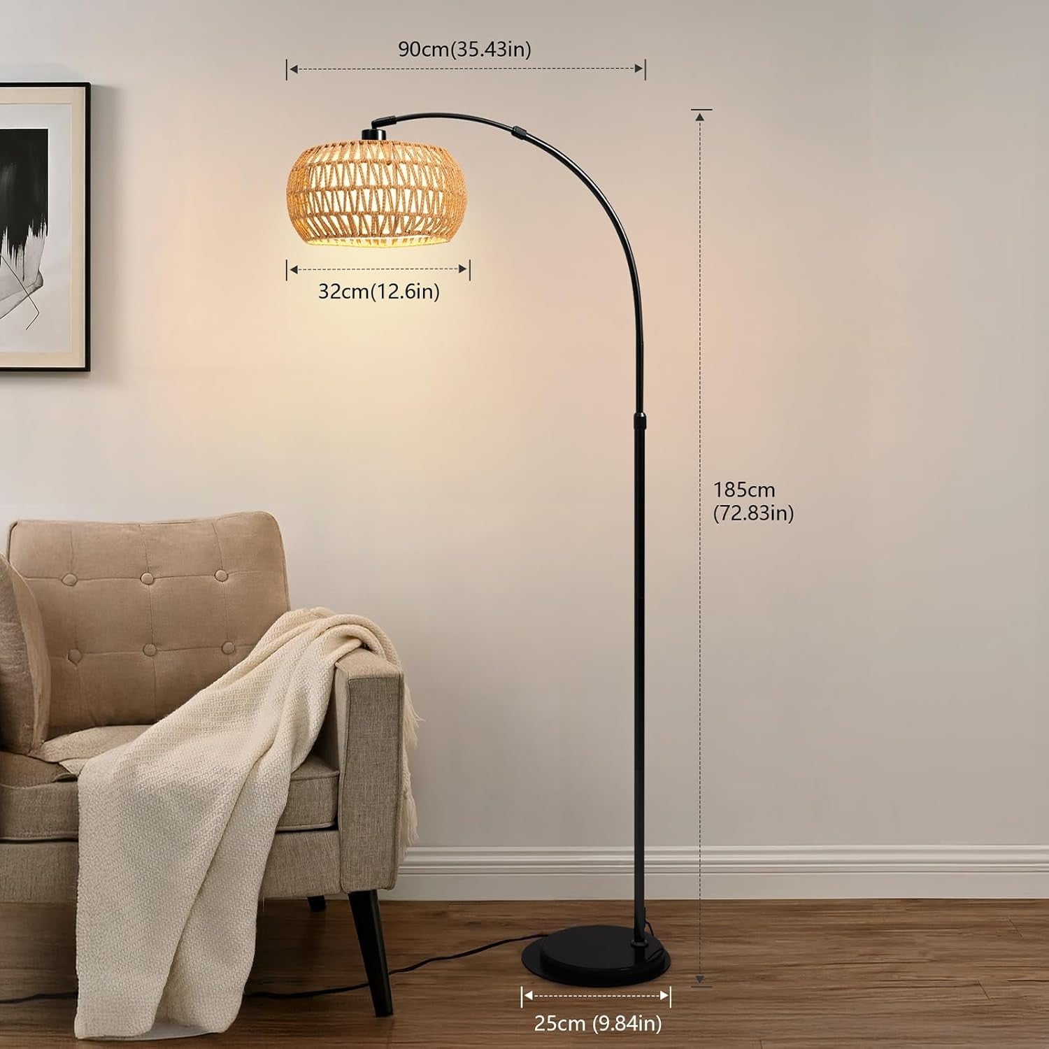 Boho Arc Floor Lamp Dimmable Remote Control Rattan Shade Black Stand