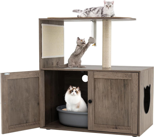 Cat Tree with Hidden Litter Box Cabinet 2 in 1 Scratching Post Condo