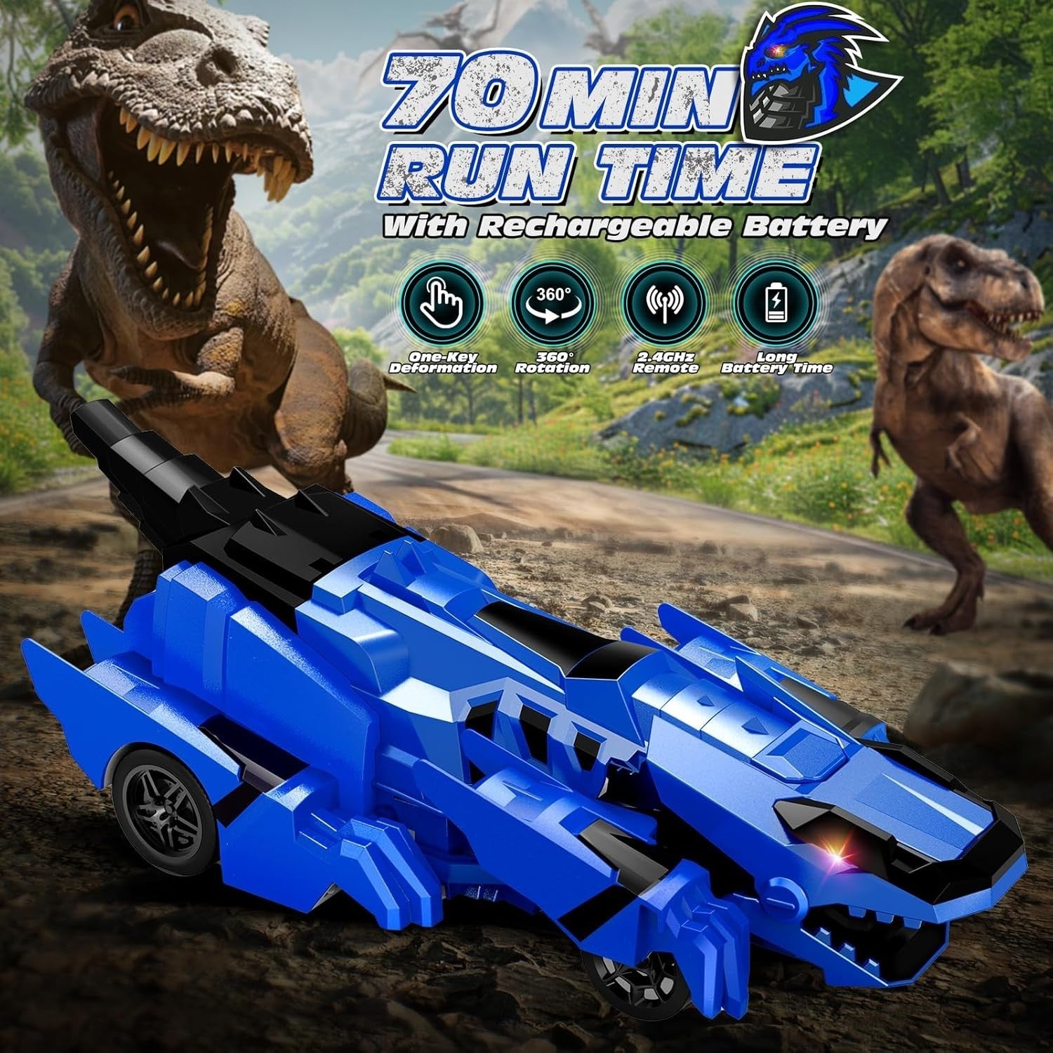 RC Dinosaur Robot Car 2-in-1 Transform Remote Control Toy 360° Spin LED Kids