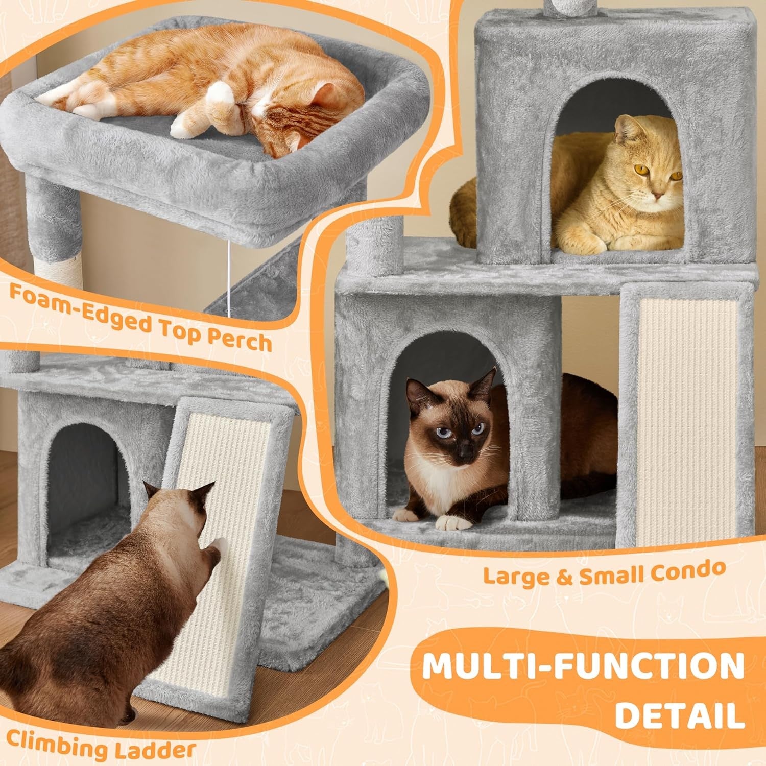 106cm Cat Tree Tower Multi Level Double Condo Scratching Post Light Grey