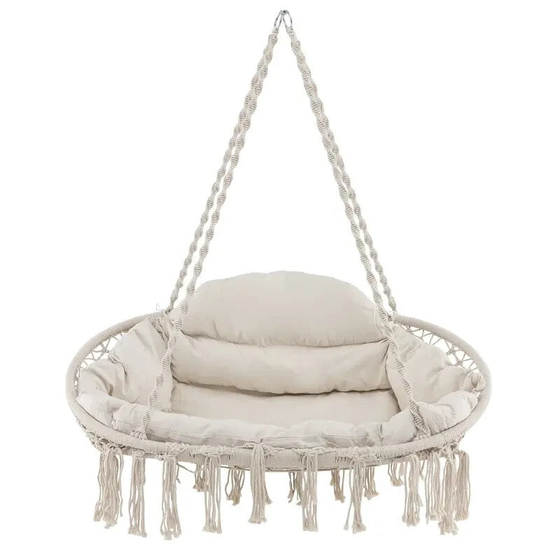 Rope Hanging Chair with Cushion & Folding Frame – 150kg Indoor Outdoor