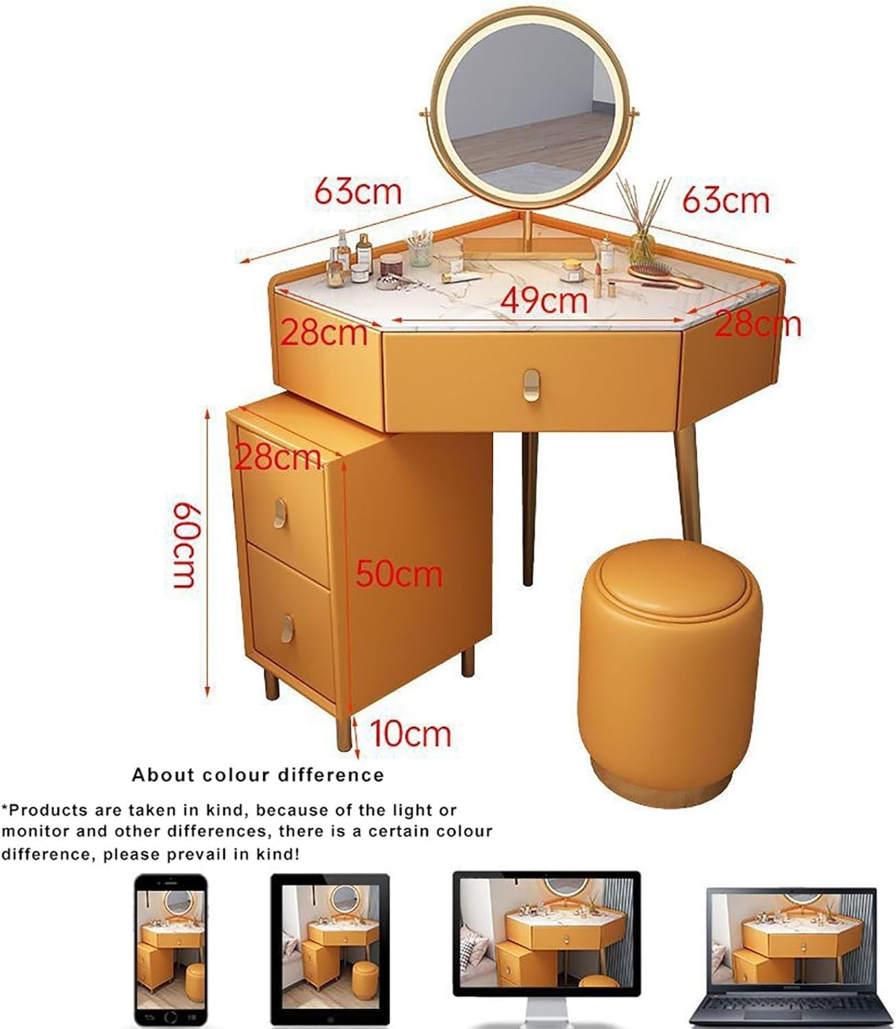 Makeup Vanity Set Wood | Hollywood LED Mirror | Dresser Desk Table 5 Drawers Lig
