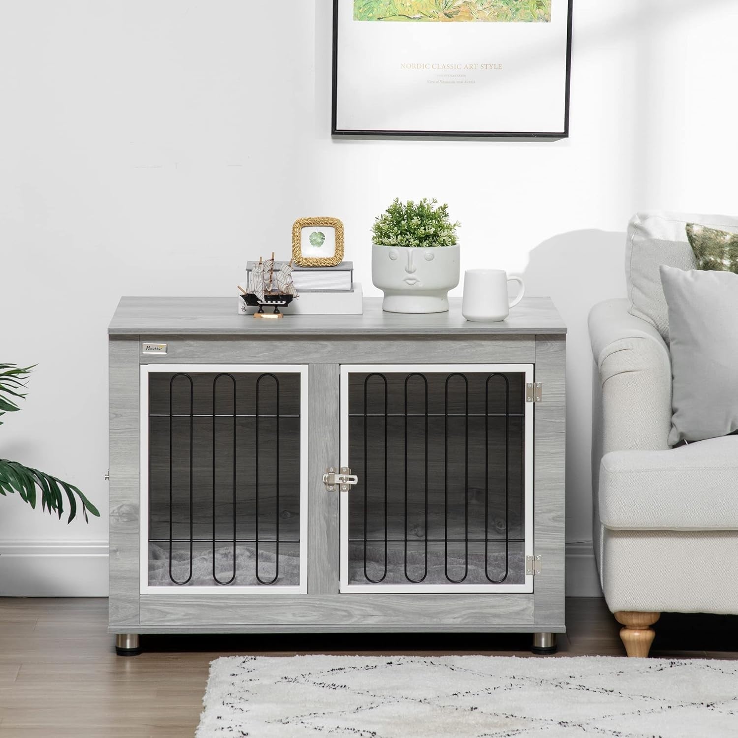 Indoor Dog Crate Furniture with Cushion | Side Table Style, Double Doors, 90cm