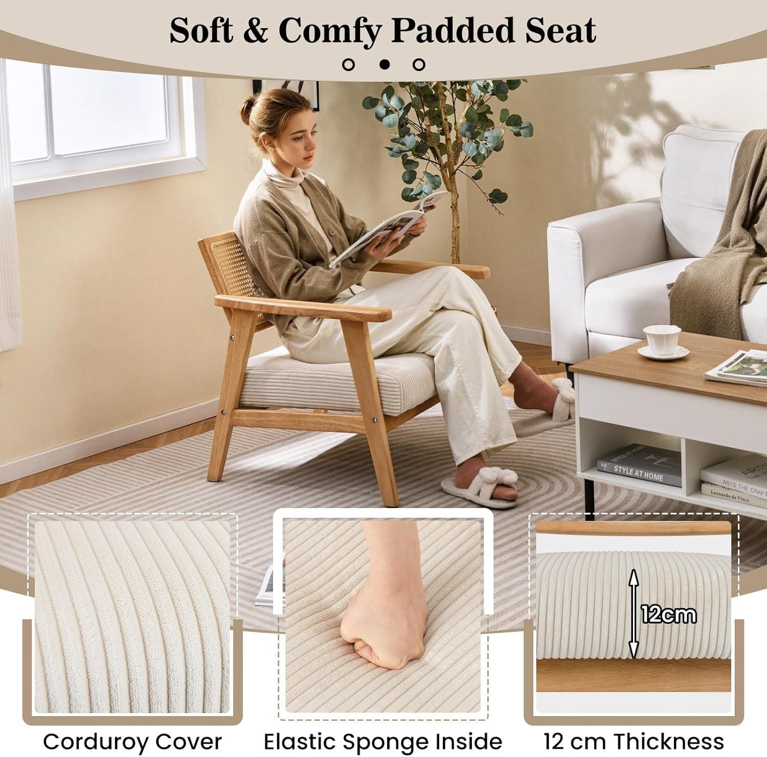 Corduroy Accent Chair Rattan Back Wood Frame Lounge Armchair