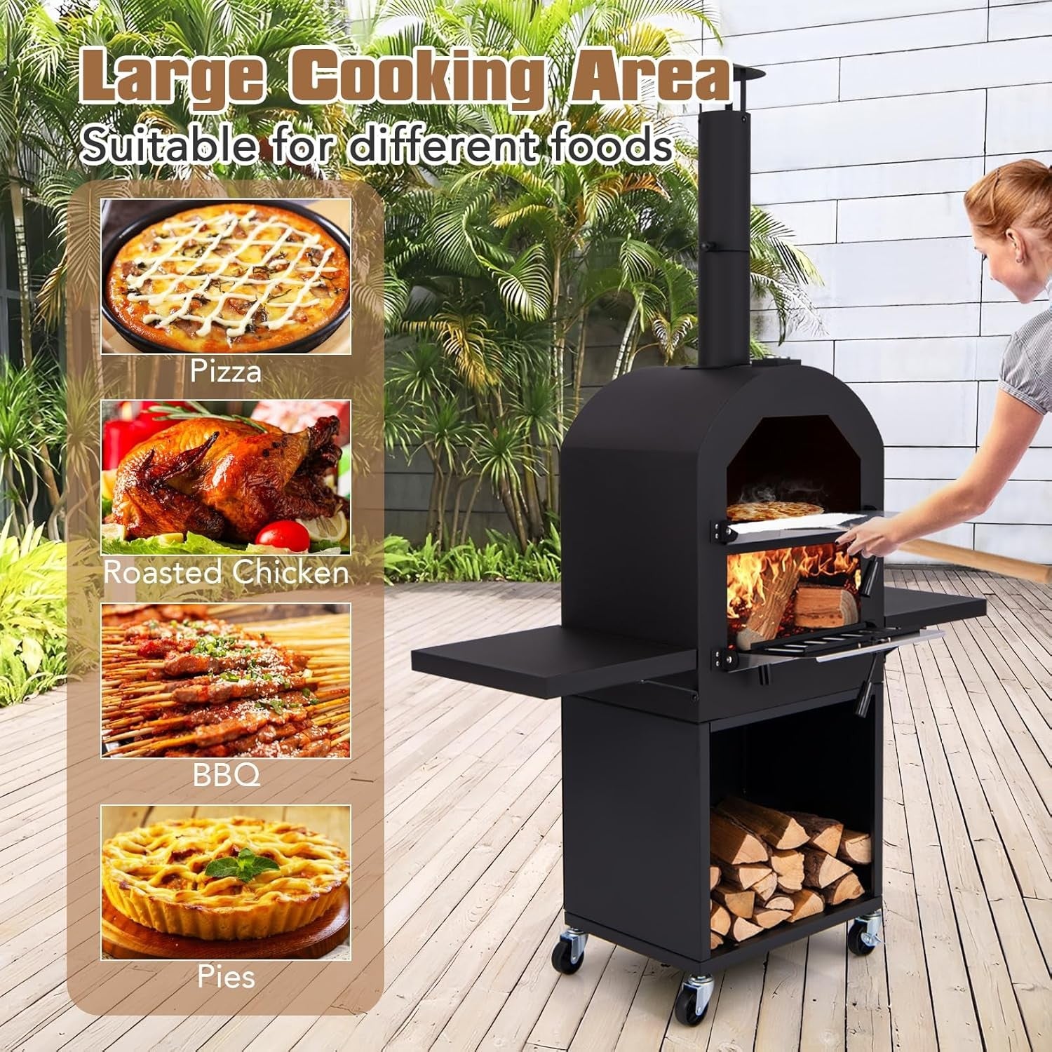 Outdoor Wood-Fired Pizza Oven | BBQ Grill w/ Side Shelves, Thermometer & Cover