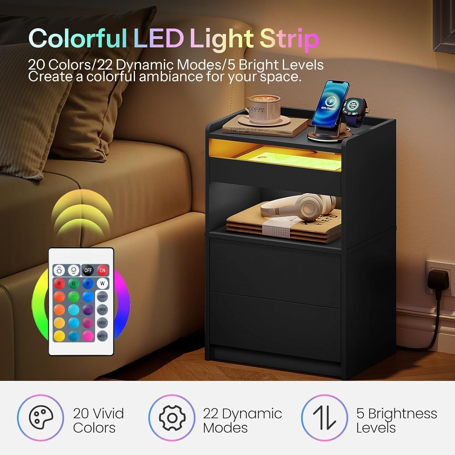 Smart LED Bedside Table with Charging Station & 3 Drawers – Modern Black