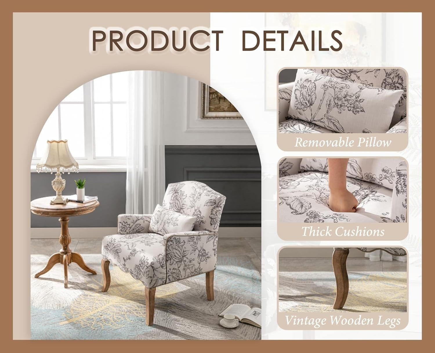 Retro Linen Armchair with Solid Wood Legs | Elegant Floral Accent Chair