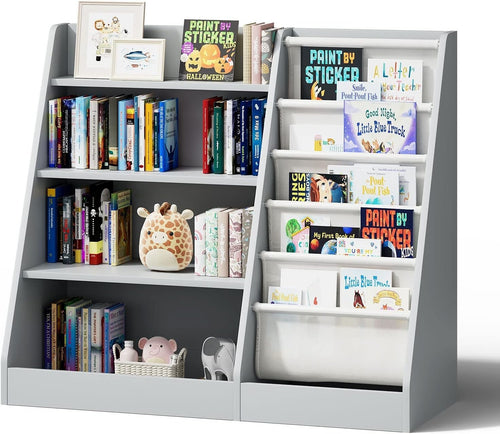 Kids Bookshelf 5 Tier Wooden Book Rack Toy Storage Organizer Grey
