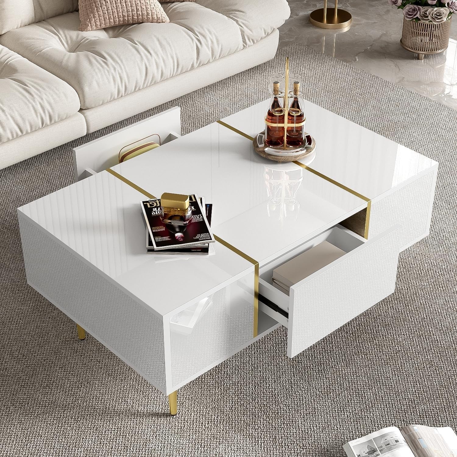 White High-Gloss Coffee Table with Storage Drawers & Gold Accents, 100x60x41cm