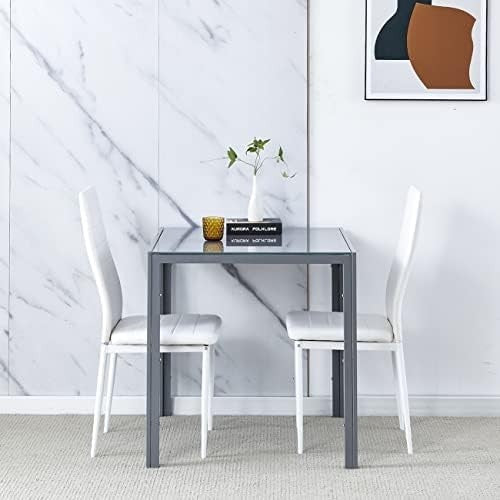 Square Glass Dining Table Set with 2 Chairs Modern Space Saving Design