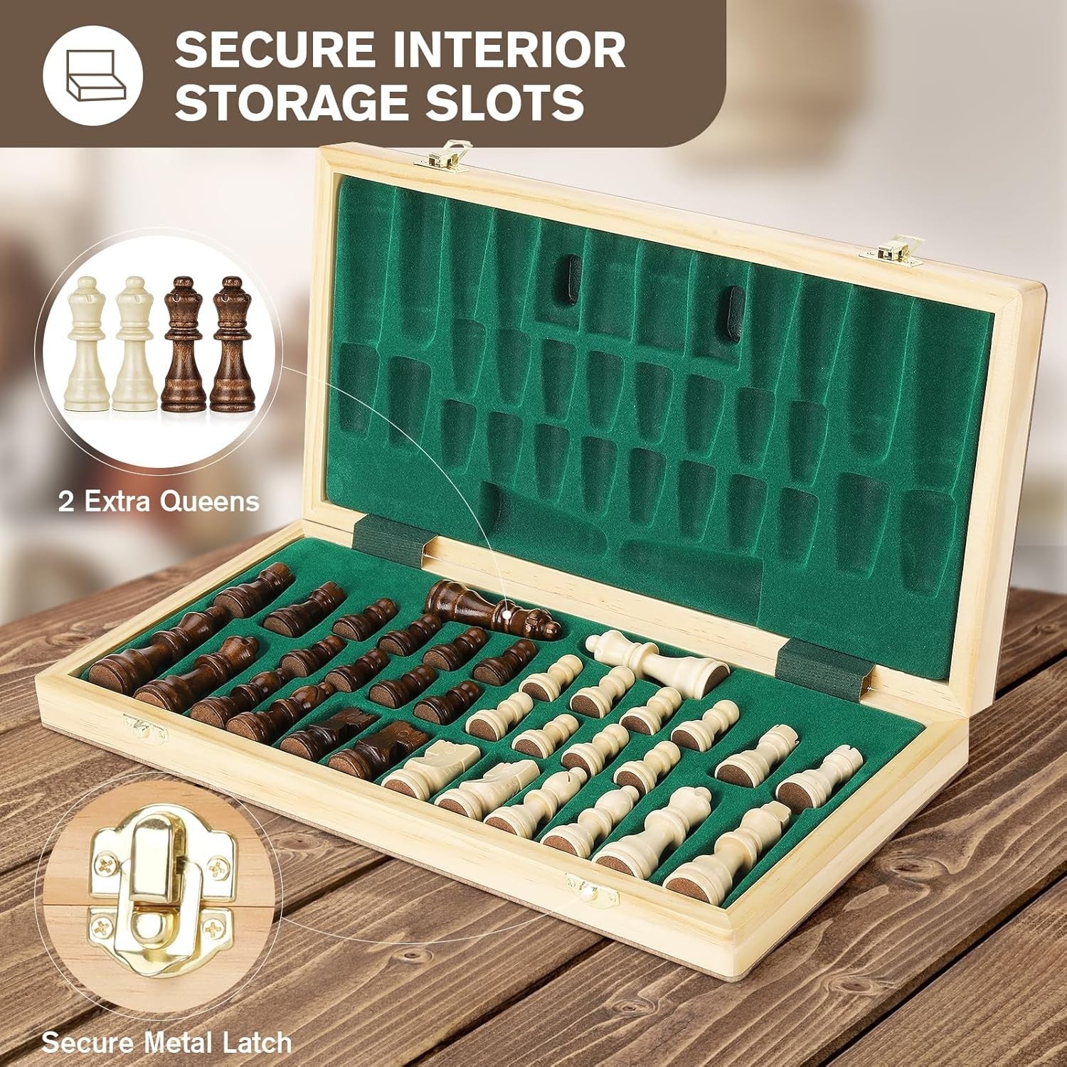 38cm Wooden Magnetic Folding Chess Set with Extra Queens & Storage Box