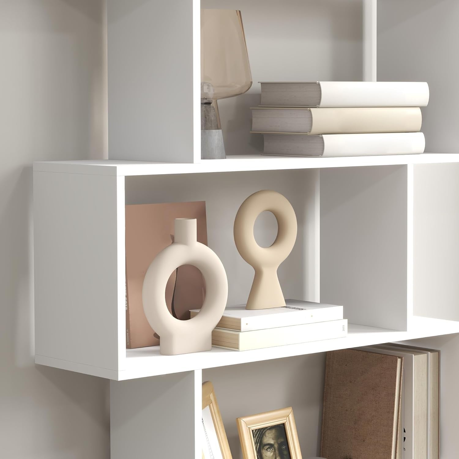 White S-Shape 6-Tier Bookcase Modern Display Shelf Room Divider Storage Unit