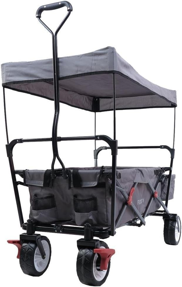 Grey Folding Wagon w/ Canopy Compact Pull Cart Garden Trolley w/ Rear Bag