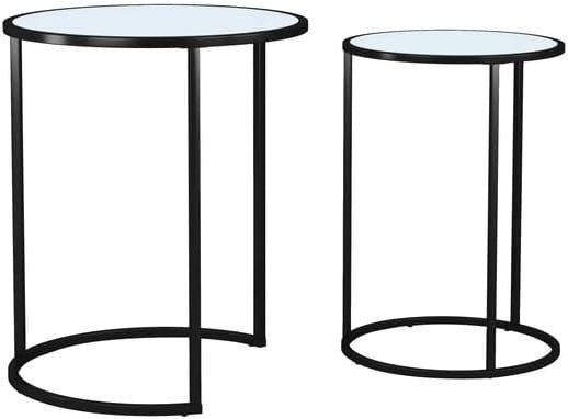 2X Round Glass Nesting End Tables Black Metal Legs Modern Living Room Set
