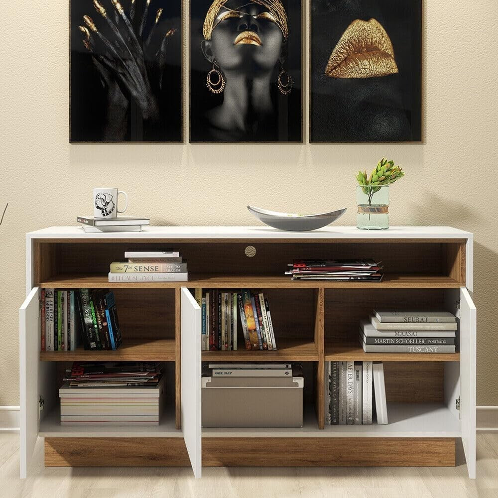 130cm White Oak Sideboard Cabinet 3 Door Storage Unit Modern Display