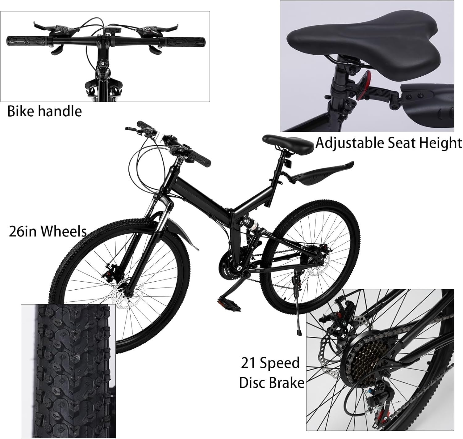 26" Folding Mountain Bike 21 Speed Disc Brakes Carbon Steel Frame Mudguard