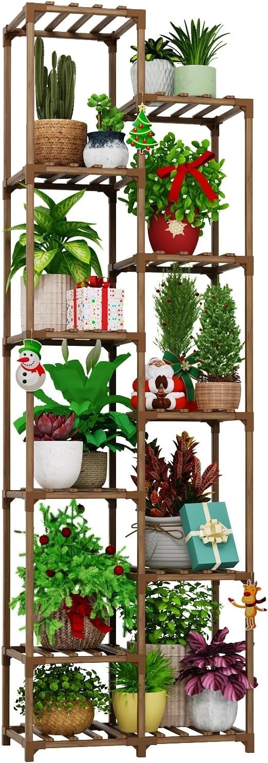 11-Tier Tall Wooden Plant Stand, Multi-Level Indoor Outdoor Flower Rack