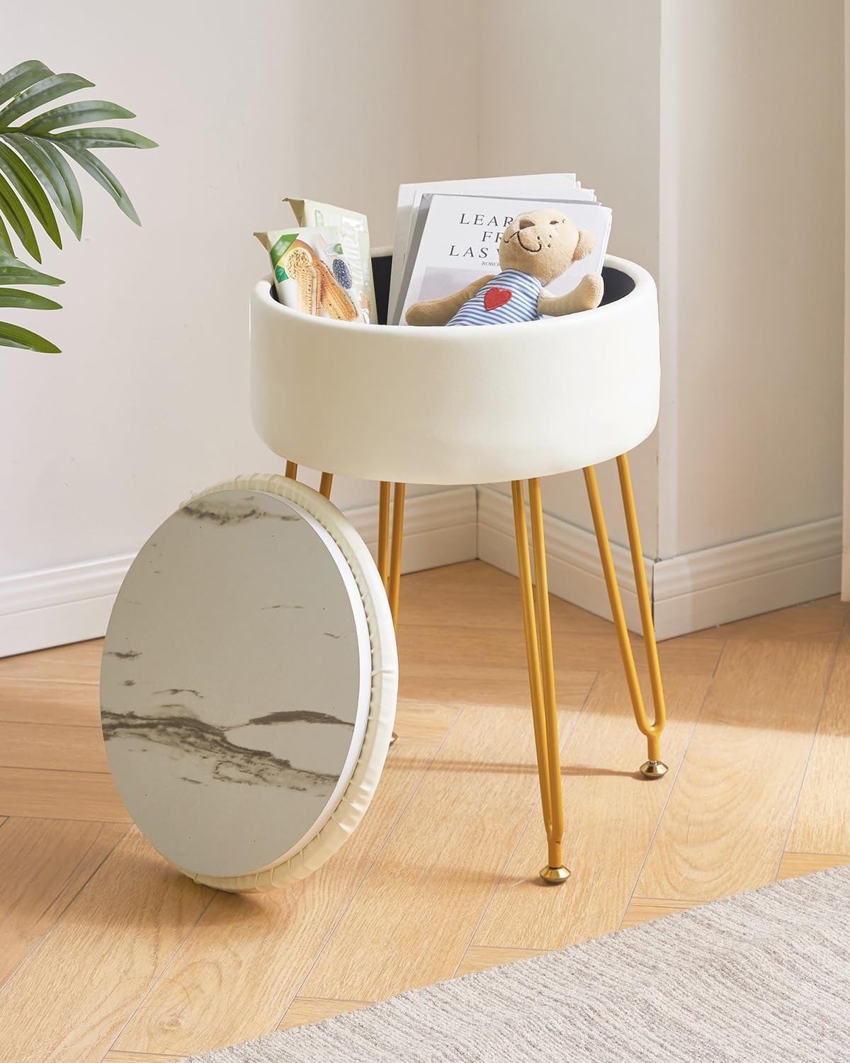 White Faux Leather Round Vanity Stool with Storage & Gold Metal Legs