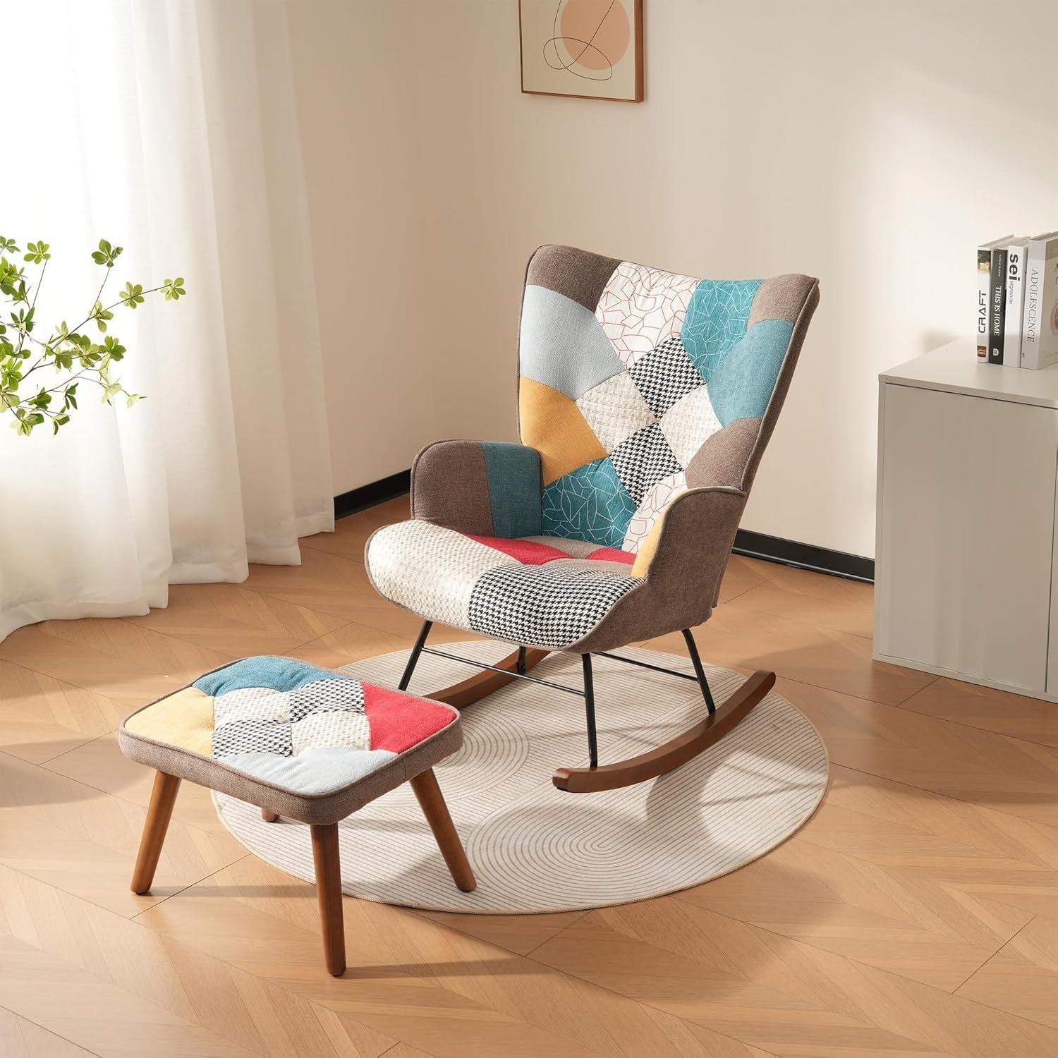 Soft Rocking Chair with Footstool, Solid Wood, Foam Padding, Cozy Reading