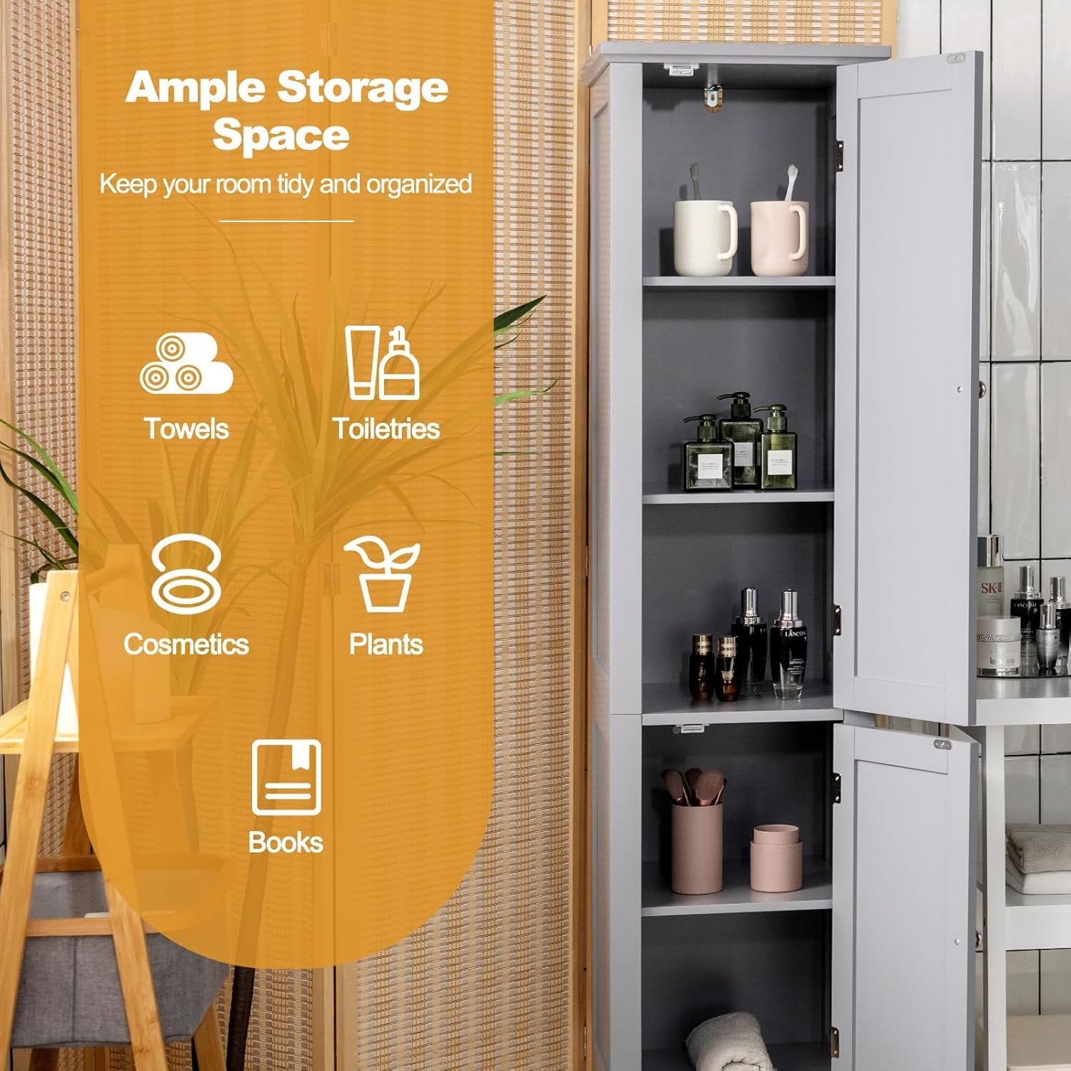 Grey Tall Bathroom Cabinet with 5 Shelves & 2 Doors Slim Storage Unit
