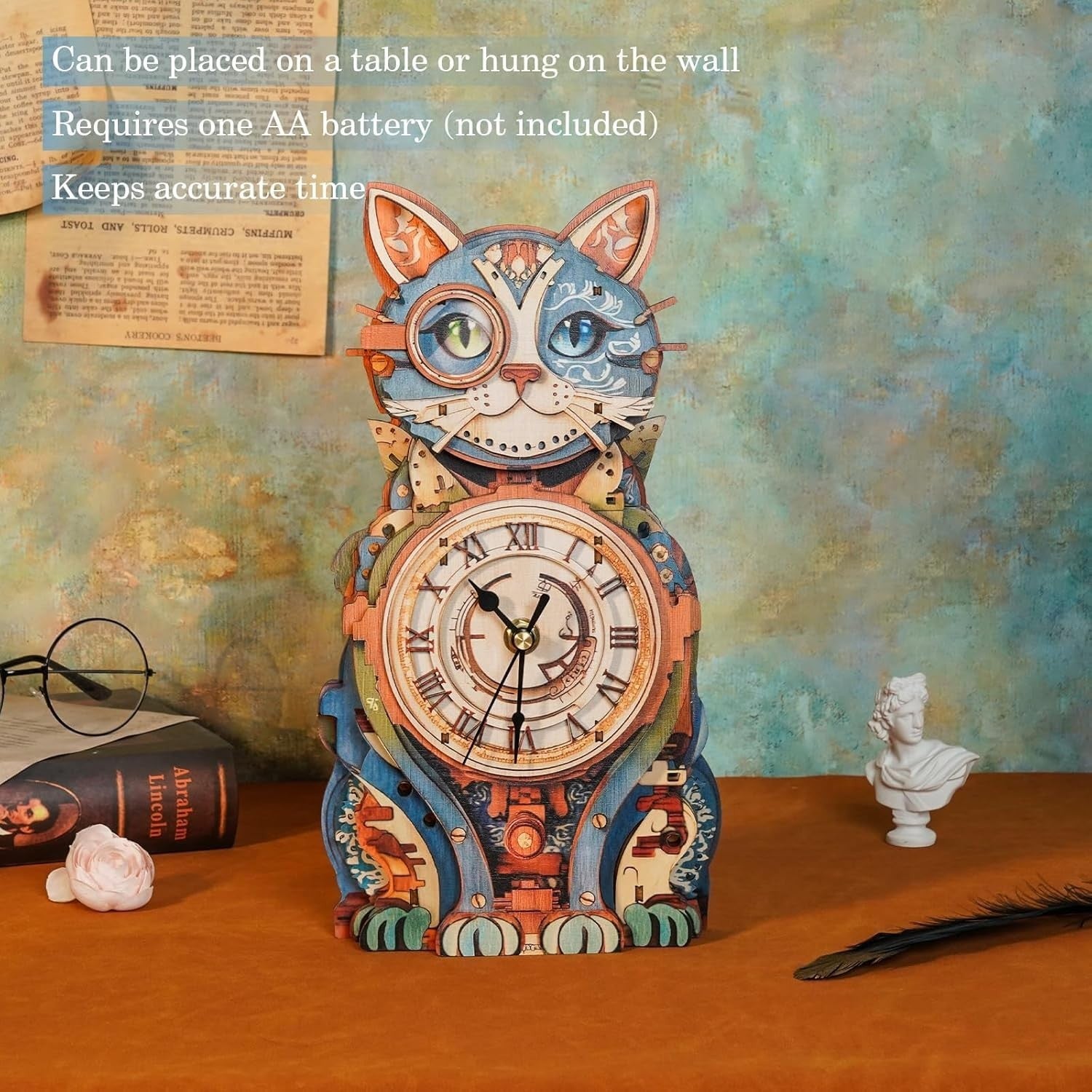 3D Wooden Cat Wall Clock Puzzle Kit – DIY Decor with Pendulum, Gift Idea