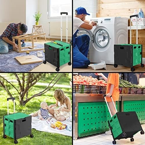 Foldable Rolling Shopping Trolley Cart Box 50Kg Portable w/ Lid Green