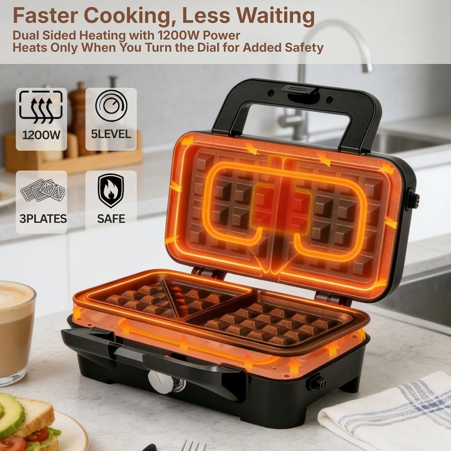 3-in-1 Waffle Sandwich Maker 1200W Non-Stick Removable Plates
