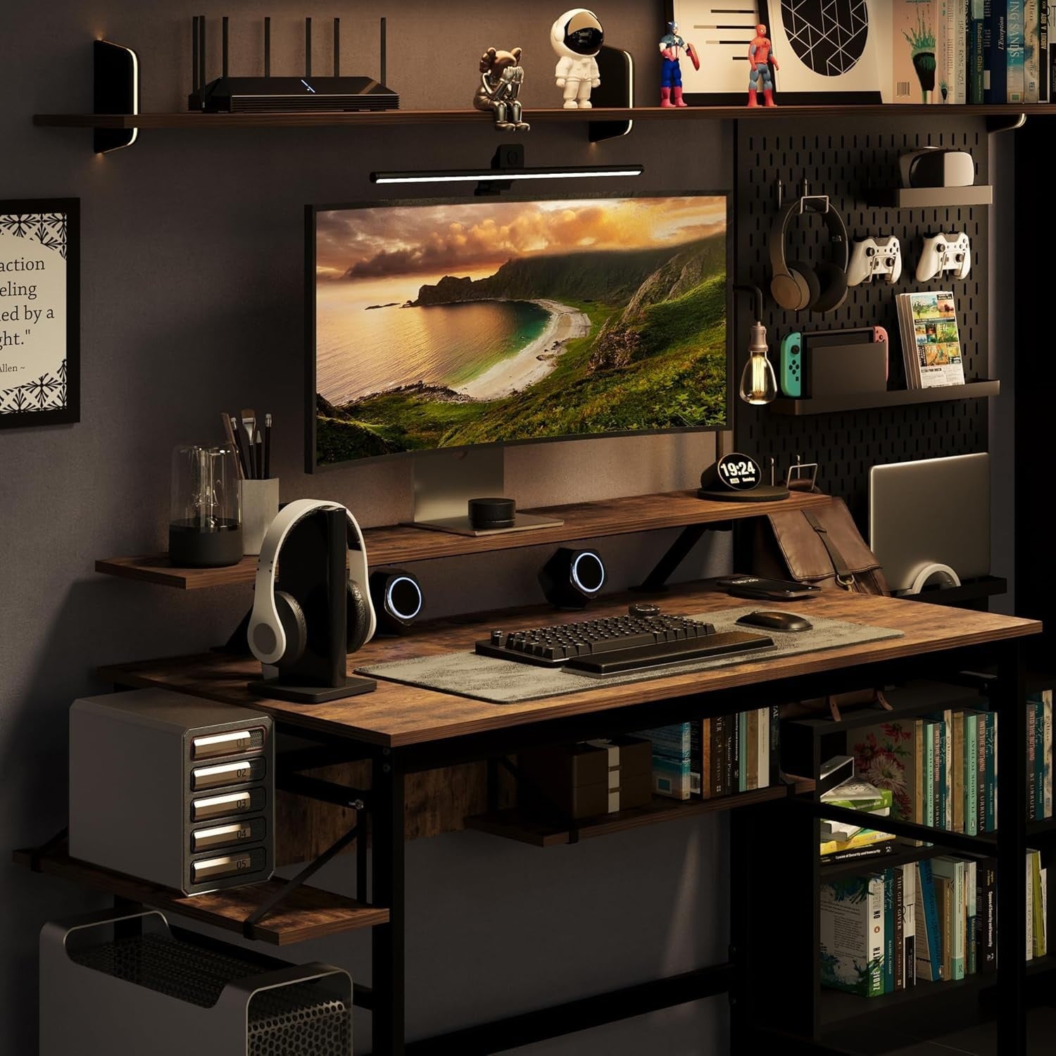 Rustic Brown Computer Desk 120cm with Monitor Stand & Adjustable Shelves