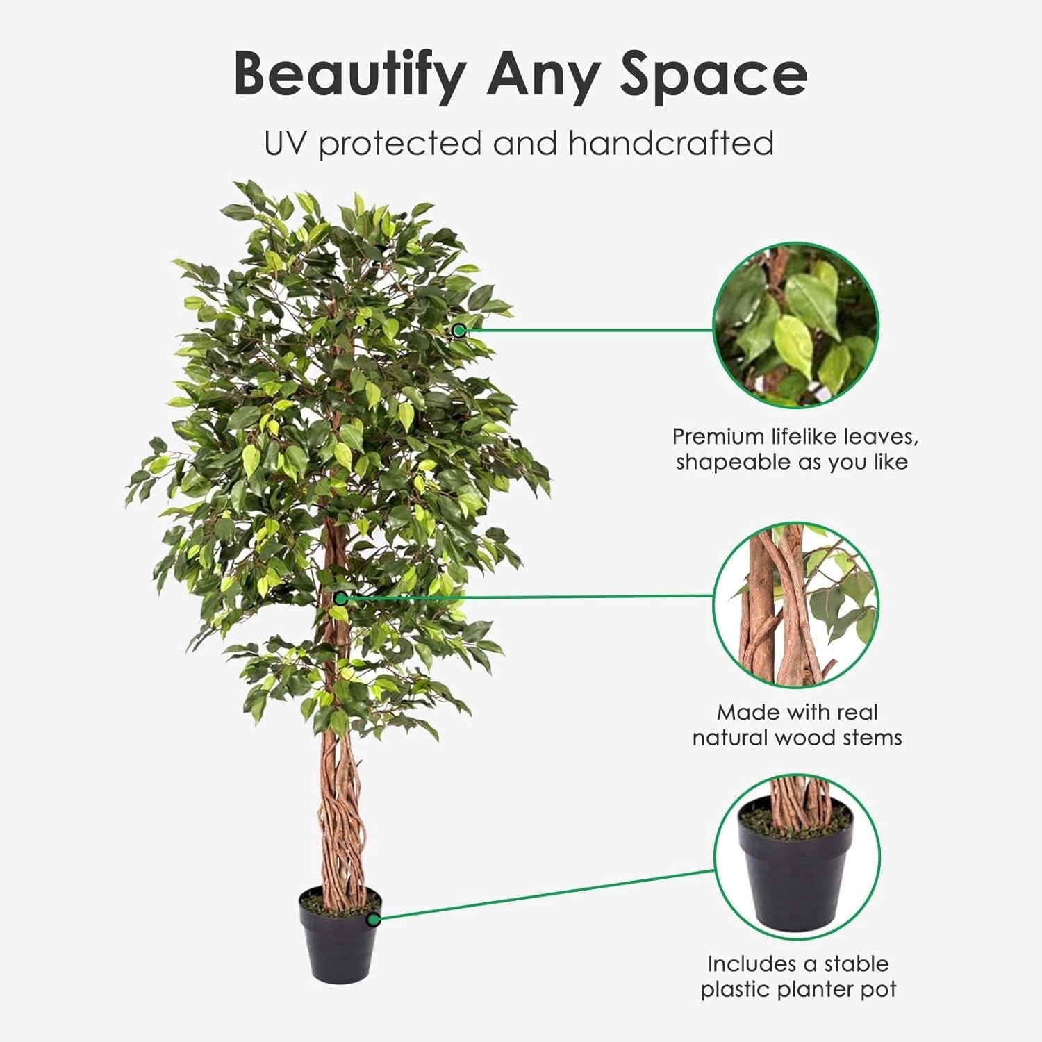 6ft Artificial Ficus Tree Green Real Wood Trunk Indoor Lifelike Decorative Plant