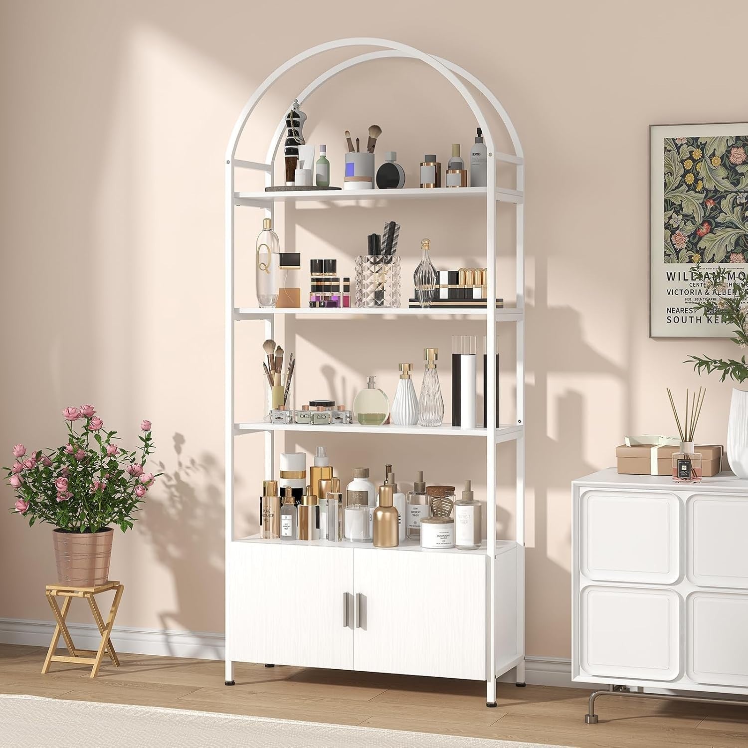 Tall Arched Bookshelf with Drawers 5 Tier Metal Frame Display Shelf White