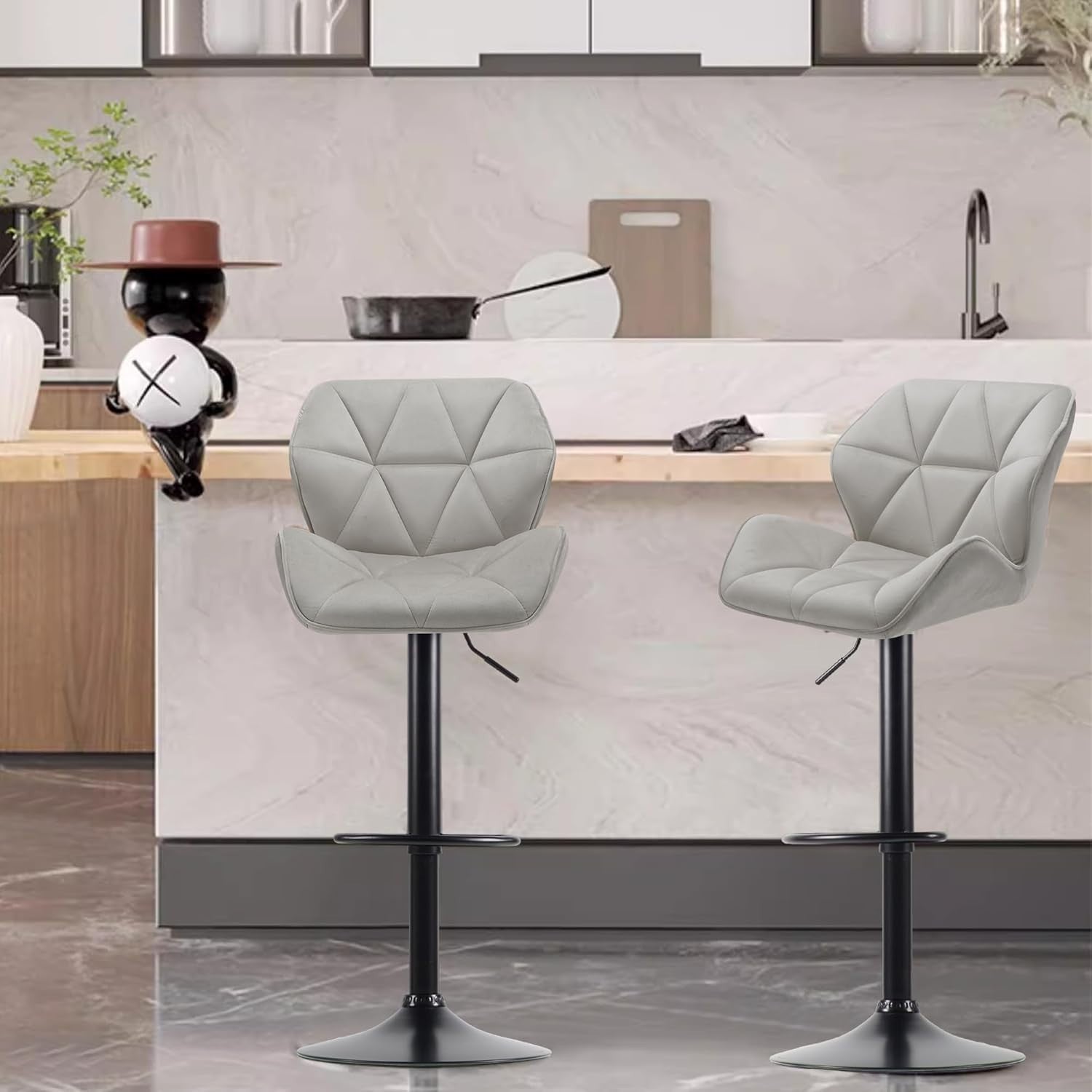 Velvet Grey Bar Stools Set of 2 – Adjustable Swivel Kitchen Chairs