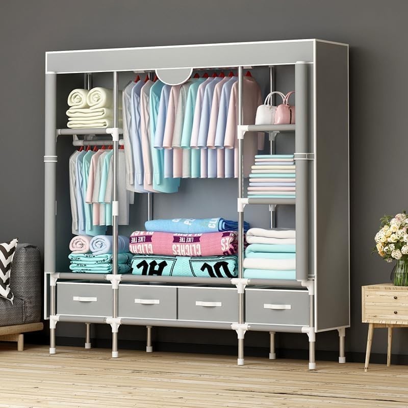 Canvas Wardrobe Storage with Hanging Rail & Shelves – Large, Durable, Dustproof