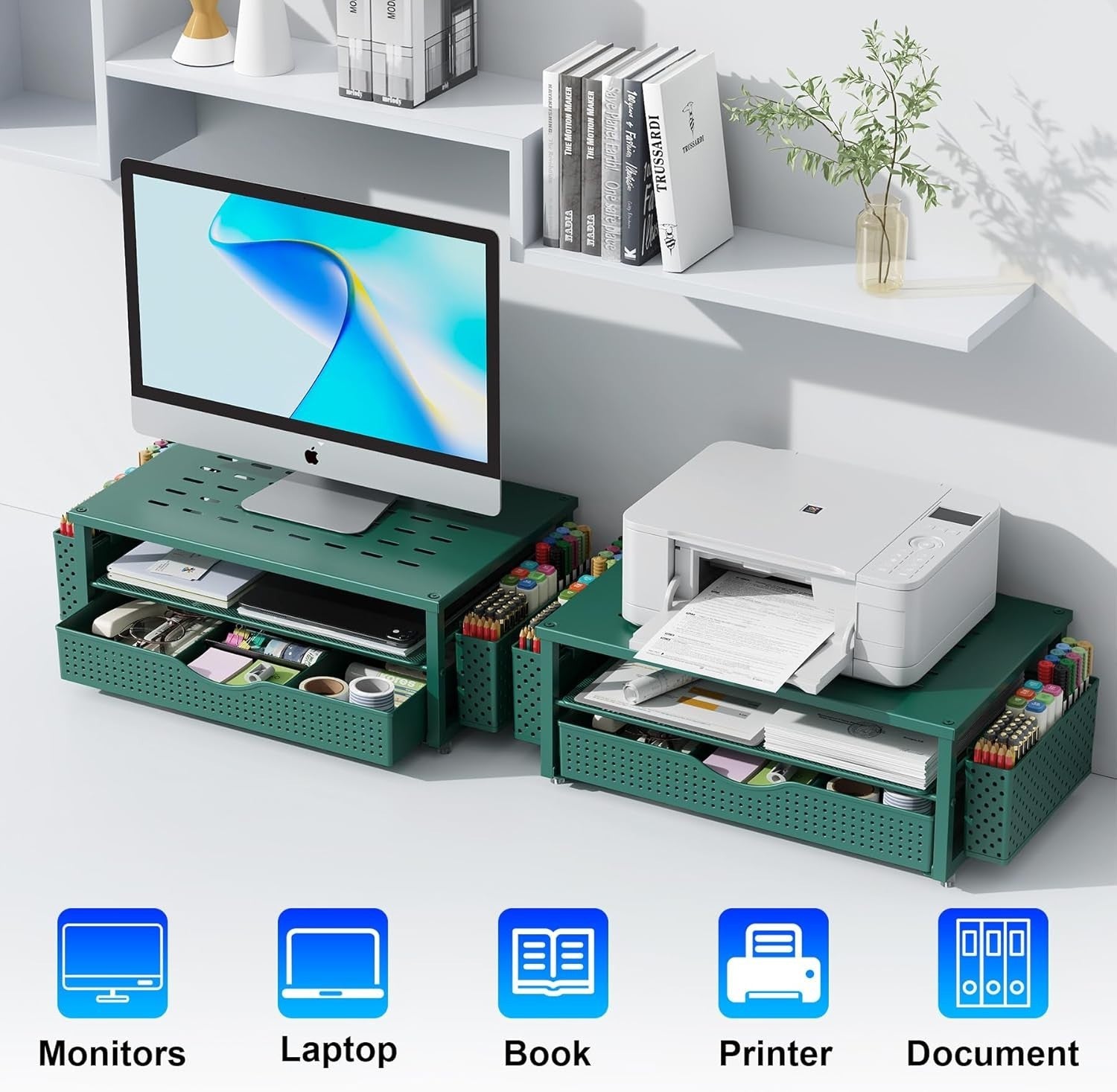 Monitor Stand with Drawer & Pen Holders Desktop Organizer Green