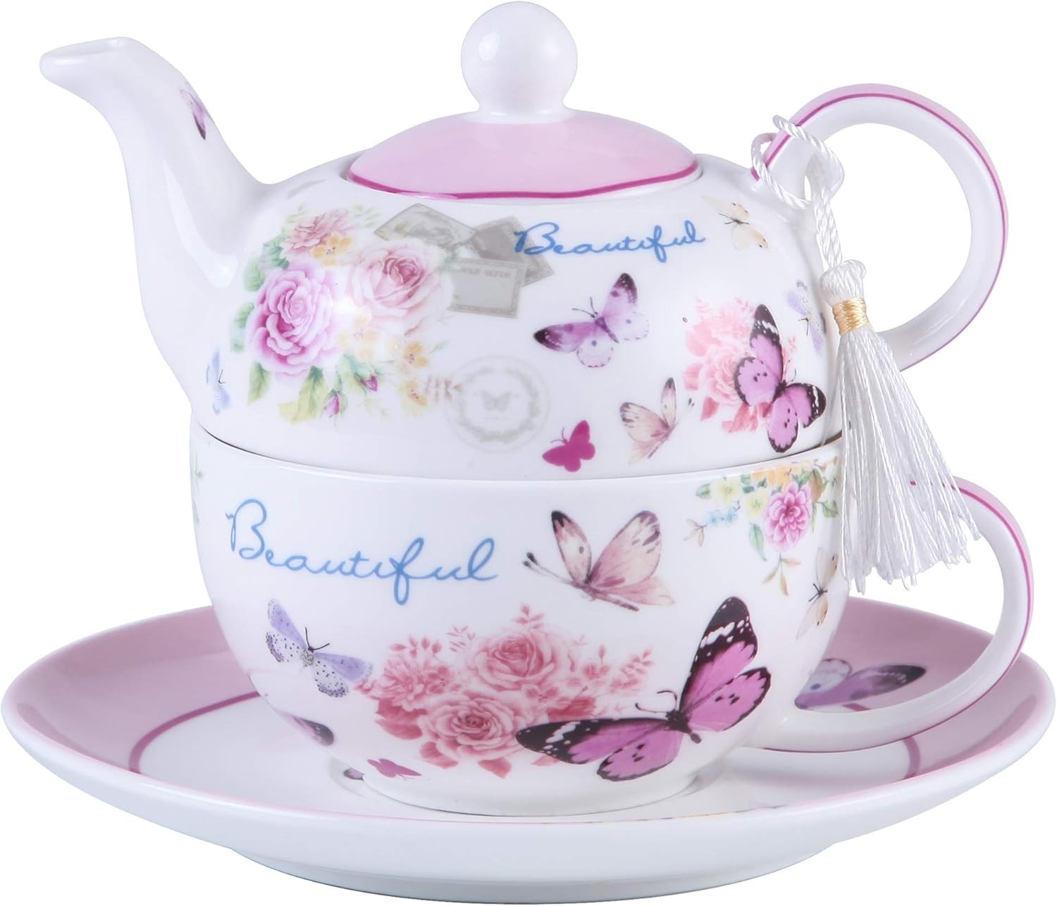 Tea for One Teapot Cup Saucer Set Butterfly Rose Porcelain Gift Box