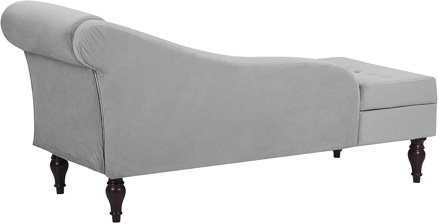 Velvet Storage Chaise Lounge Grey Tufted Back Wooden Legs Compact Design