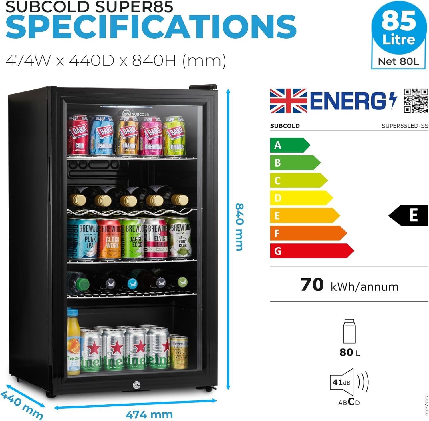 Under Counter Drinks Fridge 85L Beer Wine Cooler Glass Door LED Lockable