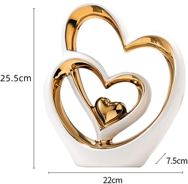 White Gold Double Heart Ceramic Sculpture Modern Luxury Home Decor Gift Ornament