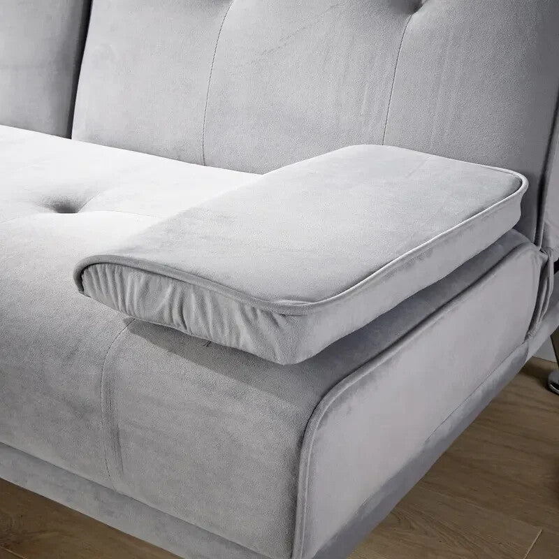 Grey Velvet Sofa Bed 3 Seater Fold Out Couch w/ Cup Holders & Armrests
