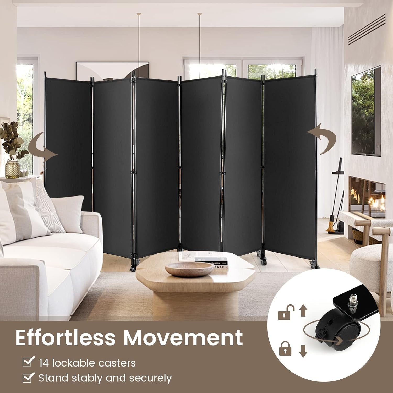 6 Panel Grey Folding Room Divider Privacy Screen Metal Frame 335x172cm