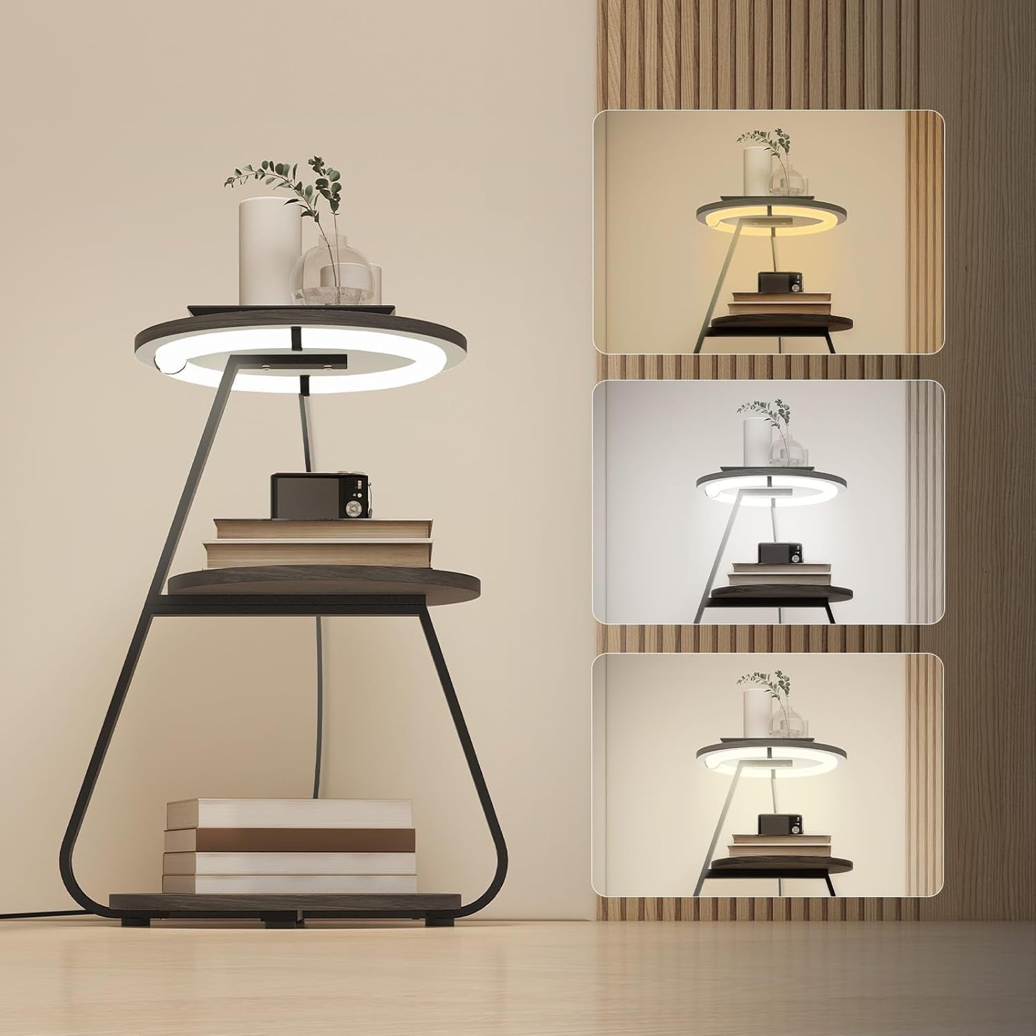 LED Bedside Side Table Grey – 3-Tier Round End Table with Storage & Lights