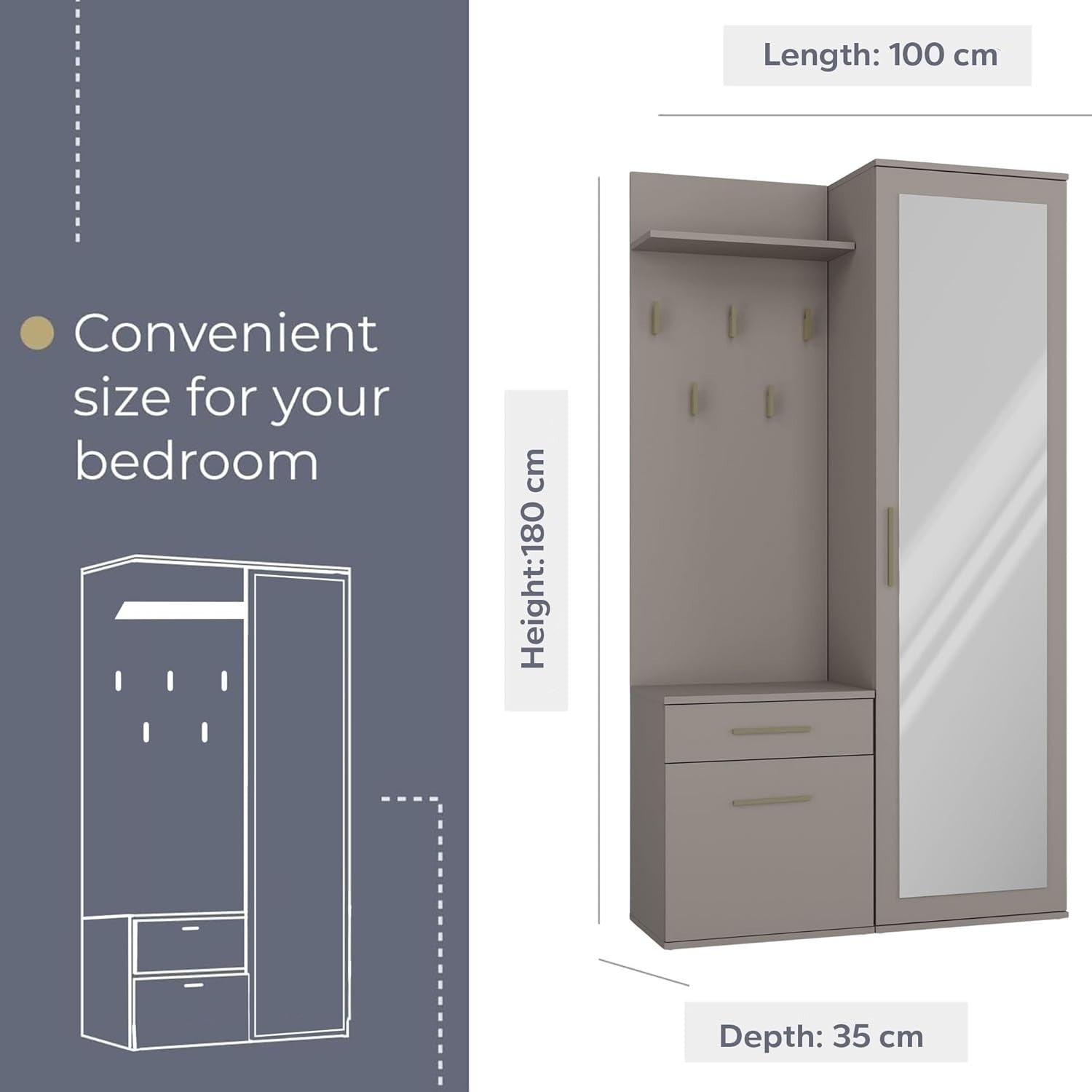 Modern Clay Hallway Wardrobe with Hooks, Shelves & Shoe Storage, 180cm